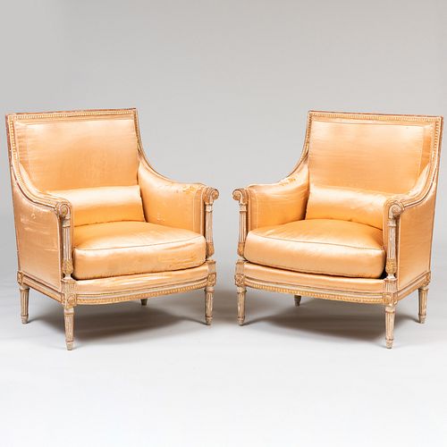Fine Pair of Large Directoire Grey Painted and Parcel-Gilt BergÃ¨res