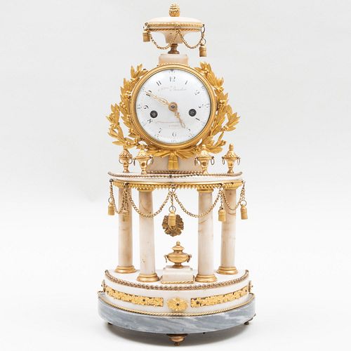 Louis XVI Ormolu-Mounted White and Grey Marble Portico Mantel Clock, the Movement by Achille Jacques Boucher