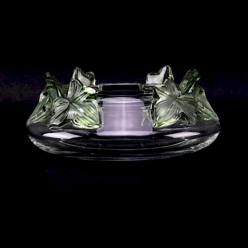Lalique France "Lierre" Crystal Vase with Mock Green Tinted Leaves.