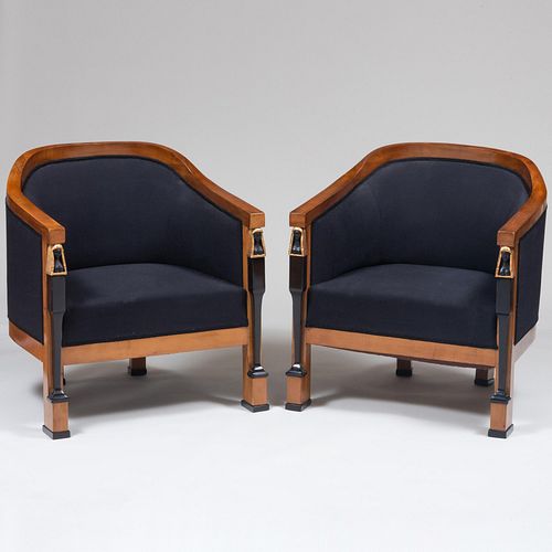 Pair of Biedermeier Style Cherry, Ebonized and Parcel-Gilt Tub Chairs