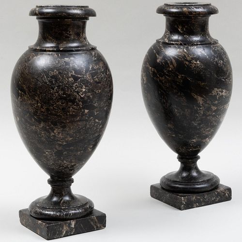 Pair of Louis XVIII Carved Black Veined Marble Vases