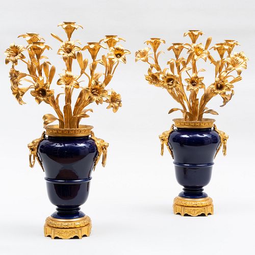 Pair of Napolean III Style Gilt-Bronze-Mounted Cobalt Porcelain Five-Light Candelabra 