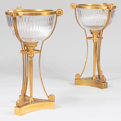 Pair of Large Louis XVI Style Gilt-Bronze and Glass JardiniÃ¨res on Stands