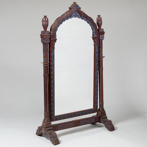 Continental Aesthetic Movement Painted Beechwood Cheval Mirror in the Moorish Style