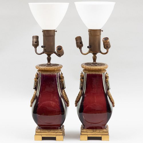 Pair of Louis XVI Style Gilt-Bronze-Mounted Chinese FlambÃ©-Glazed Porcelain Vases Mounted as Lamps