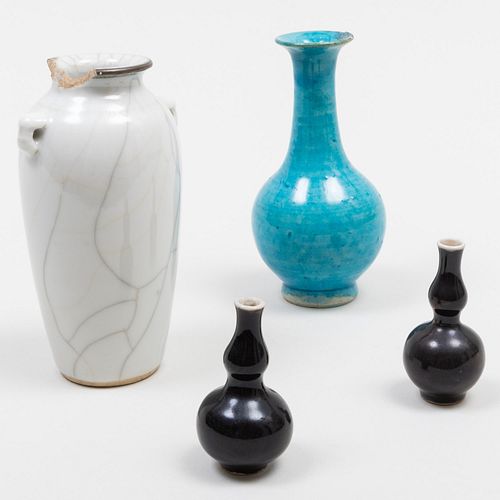Chinese Turquoise Glazed Porcelain Vase, a Crackle Glazed Vase and a Pair of Miniature Black Vases