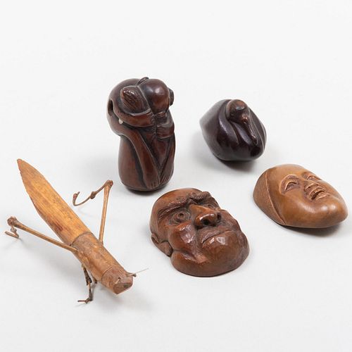 Group of Four Japanese Boxwood Netsuke and a Model of a Grasshopper