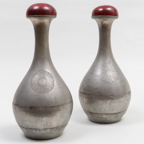 Pair of Japanese Pewter Sake Bottles and Lacquer Covers