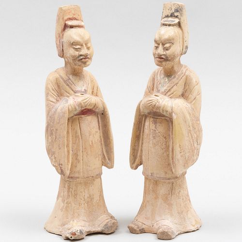 Pair of Chinese Straw Glazed Pottery Figures of Standing Officials