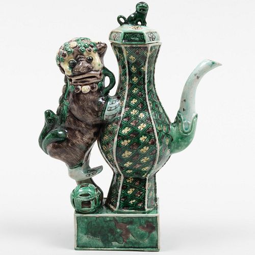 Chinese Biscuit Glazed Porcelain Buddhistic Lion Ewer