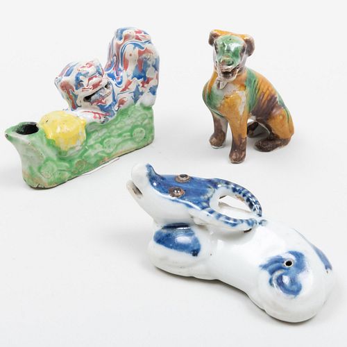 Chinese Sancai Glazed Miniature Hound and Two Animal Form Porcelain Water Droppers 