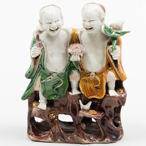 Chinese Glazed Biscuit Porcelain Group of He He Twins