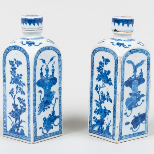 Small Pair of Chinese Blue and White Porcelain Square Bottles and Covers