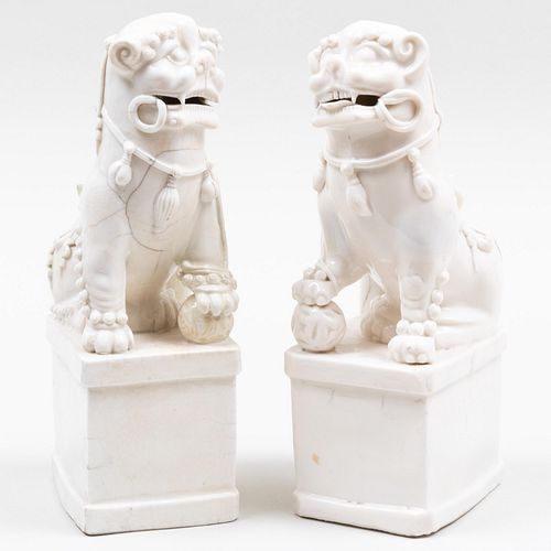 Two Chinese Blanc-de-Chine Buddhistic Lion Joss Stick Holders