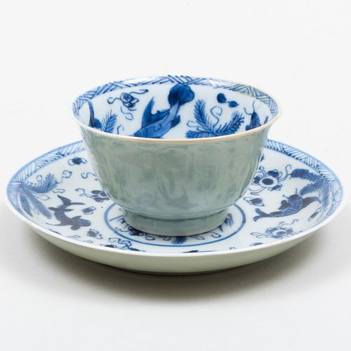 Chinese Celadon Ground and Underglaze Blue Porcelain Tea Bowl and Saucer