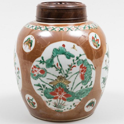 Chinese CafÃ© au Lait Ground Porcelain Ginger Jar and a Wood Cover