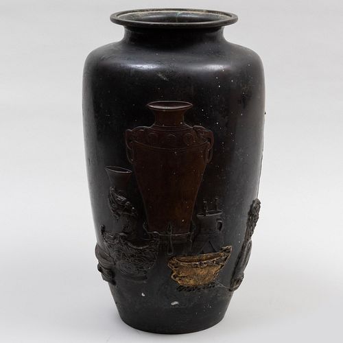 Large Japanese Bronze Vase Decorated with Inlaid Guardian Figures and Chinese Vases in Takazogan