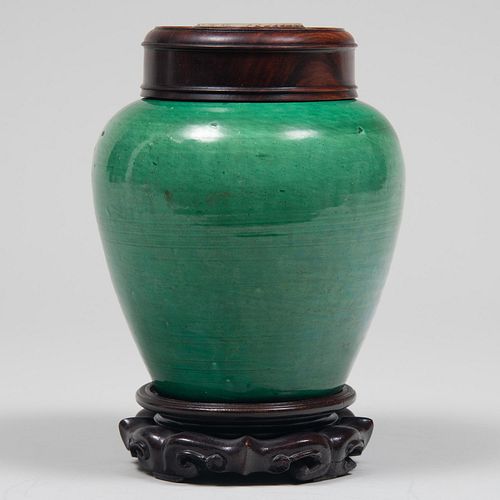 Chinese Green Glazed Porcelain Jar with a Jade Inset Wood Cover 