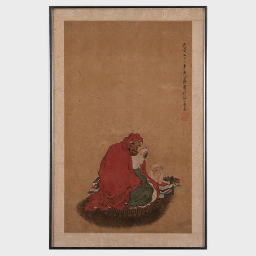Japanese Scroll of a Seated Sage with Monkey