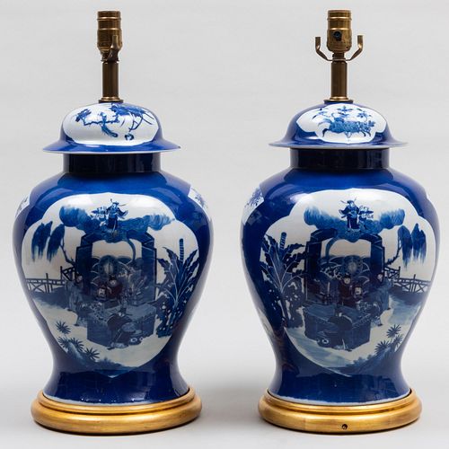 Pair of Chinese Blue and White Porcelain Vases and Covers Mounted as Lamps