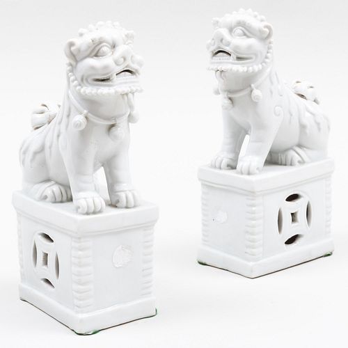 Pair of Chinese White Glazed Porcelain Buddhistic Lion Joss Stick Holders