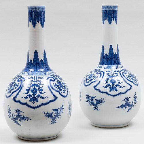 Large Pair of Chinese Blue and White Porcelain Bottle Vases