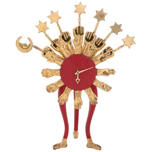 PEDRO FRIEDEBERG, Astroecological clock, Firmada, Escultura en madera policromada, hoja de oro y mecanismo, 56 x 40 x 20 cm,Certificado