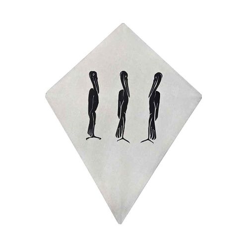 FRANCISCO TOLEDO, Tres garzas, papalote, Sin firma, Esténcil sobre papel hecho a mano, folio 003421, 50 x 39 cm medidas totales
