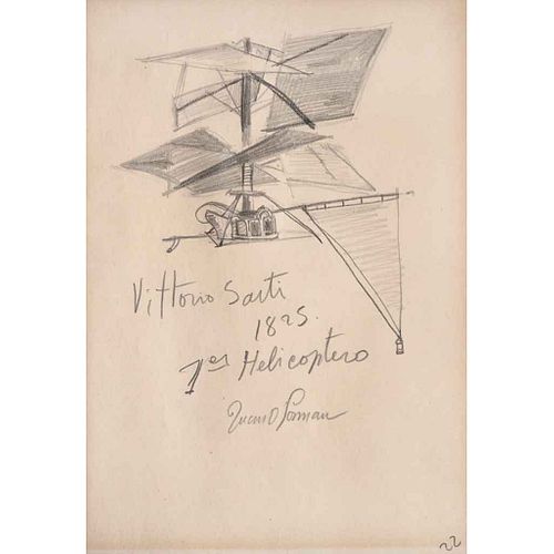 JUAN O'GORMAN, Vittorio Sarti, 1825, 1er helicóptero, Firmado, Lápiz de grafito sobre papel, 16 x 11 cm