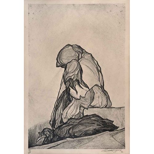 PABLO O'HIGGINS, Mujer con guajolote, Firmada y fechada 72, Litografía 92 / 160, 57 x 39 cm medidas totales