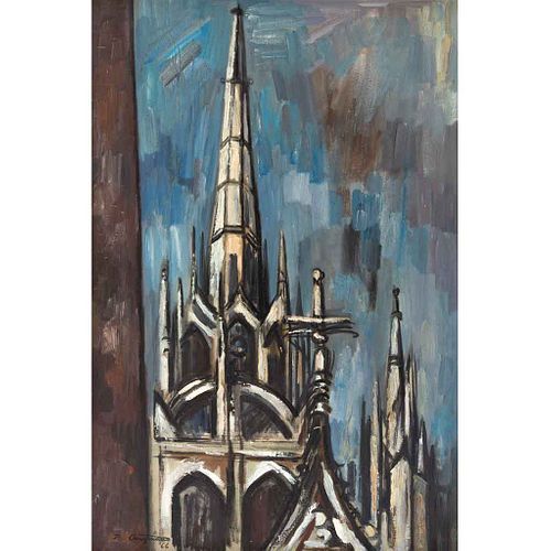 RAÚL ANGUIANO, Torre de la catedral de Nuestra Señora de Ruan, Firmado y fechado 66 al frente y al reverso, Óleo sobre tela, 76 x 51 cm