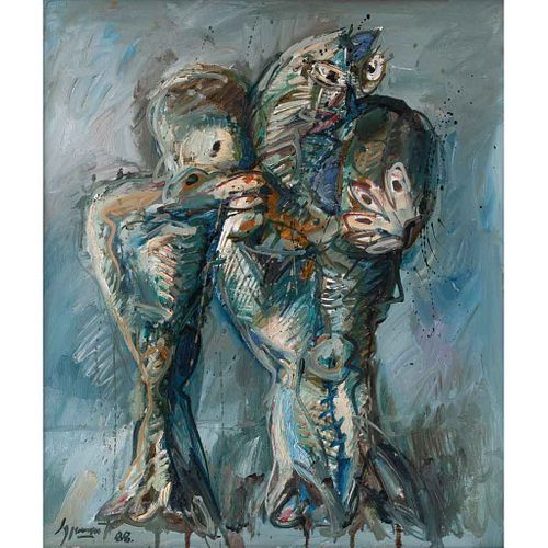 JAZZAMOART, Bebopera para Cézanne, Firmado y fechado 88 al frente, Óleo sobre tela, 70 x 60 cm