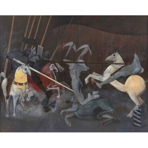 TOMÁS PARRA, Inspirado en la Batalla de San Romano de Paolo Uccello, Firmado y fechado 1967, Óleo sobre tela, 190 x 240 cm