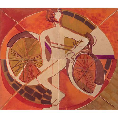 CARMEN PARRA, Bicicleta, Firmado y fechado 70, Gouache sobre papel sobre madera, políptico, 102 x 118 cm medidas totales, Piezas: 4