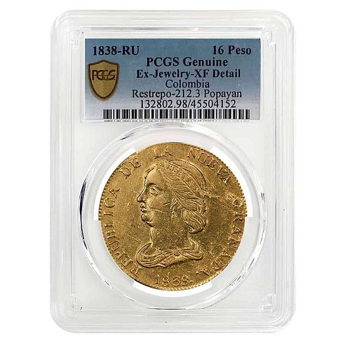 1838-RU Colombia 16 Pesos Gold Coin PCGS XF Detail