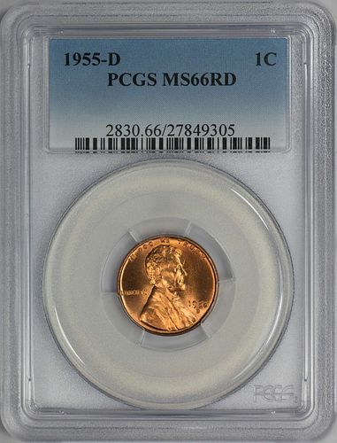 1955-D 1C RD Lincoln Cent - Type 1 Wheat Reverse - PCGS MS66RD Rare Coin