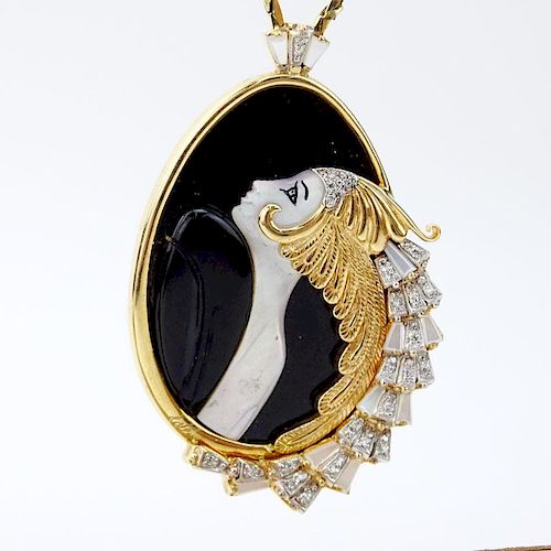 Erte, French (1892-1990) Vintage 14 Karat Yellow Gold, Black Onyx, Mother of Pearl and Diamond "Beauty of the Beast" Pendant Necklace