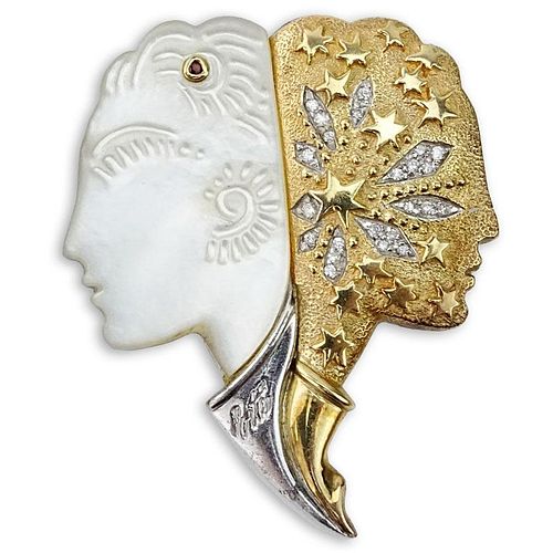 Erte, French (1892-1990) Vintage 14 Karat Yellow Gold, Sterling Silver, Diamond, Ruby and Mother of Pearl Brooch