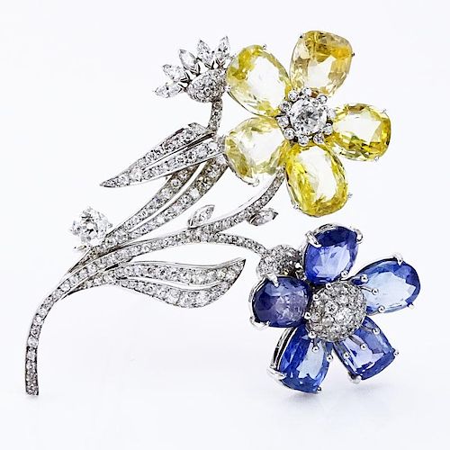 Art Deco Approx. Approx. 7.25 Carat Old European  and Single Cut Diamond, 35.0 Carat Oval Cut Blue and Yellow Sapphire and Platinum Flower Brooch