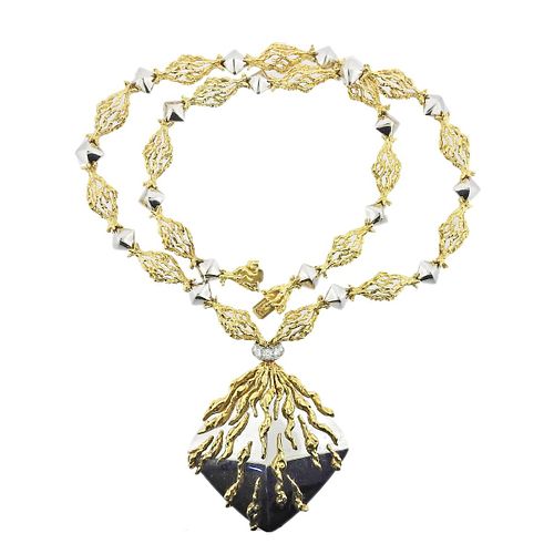 French 1970s 18k Gold Diamond Pendant Necklace