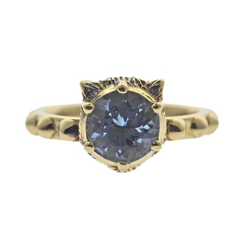 Gucci Marche des Marveilles Diamond Blue Topaz 18k Gold Cat Ring