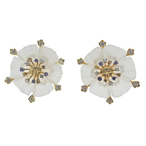 18k Gold Frosted Crystal Diamond Sapphire Moonface Earrings
