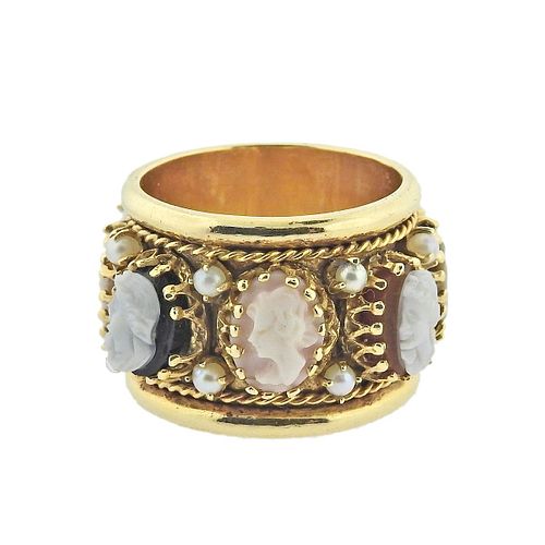 Midcentury 14k Gold Cameo Pearl Band Ring