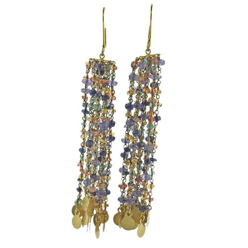 18k Gold Multi Color Sapphire Bead Long Tassel Earrings
