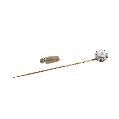 Antique Victorian 14k Gold Diamond Pearl Stick Pin