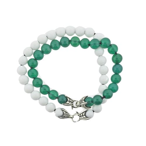 David Yurman Silver Spiritual Bead Green Onyx White Agate Bracelet Lot of 2