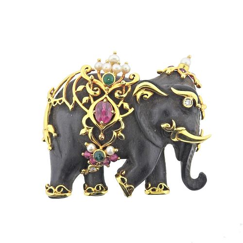 Lotus Art De Vivre 18K Gold Diamond Ruby Emerald Pearl Wood Elephant Brooch