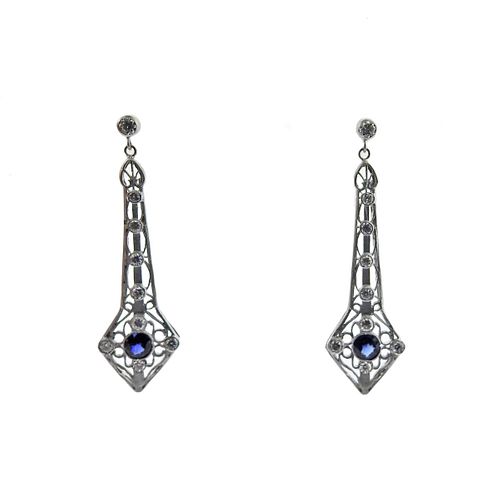 14k Gold Filigree Diamond Sapphire Drop Earrings 