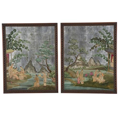 Pair Chinese Export reverse painted mirrors