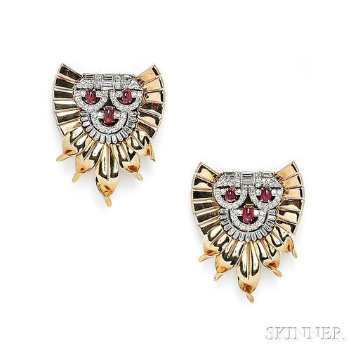 Pair of Platinum, Ruby, and Diamond Dress Clips
